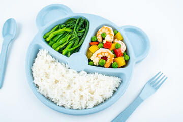 A plate of nutritious children's meal on white background