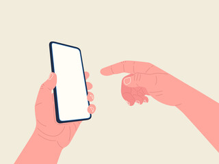 One hand holds a smartphone and the other touches the screen. Mockup for your text, app. Vector illustration.