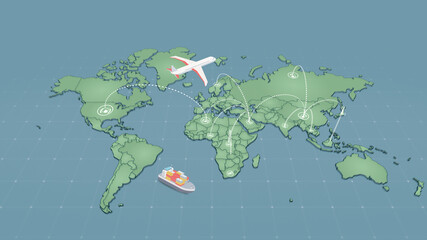 This is a world map with airplane and ship, 3d illustration, globla logistic network,