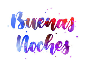 Buenas noches (Good night in Spanish) - handwritten modern calligraphy watercolor lettering. Blue and purple colored.