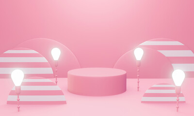3d rendering of empty pink podium with light bulb for display product.