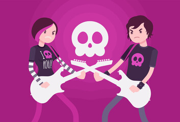 Counterculture young people with guitars, emotional and creative emo music. Teen boy, girl playing electroguitars, subculture fashion and behavior, skull symbol. Vector flat style cartoon illustration - obrazy, fototapety, plakaty
