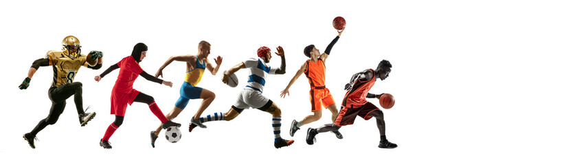 Obraz na płótnie Canvas Sport collage of professional athletes or players isolated on white background, flyer. Made of different photos of 6 models. Concept of motion, action, power, target and achievements, healthy, active