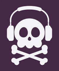 Music piracy icon, Jolly Roger skull wearing headphones. Recordings and content illegal digital audio download, copying or distributing, copyright infringement. Vector flat style cartoon illustration