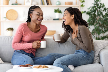 Two african besties laughing while drinking tea together at home