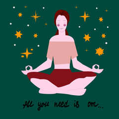 Young woman meditating in lotus position. Vector flat image of person isolated on green background.