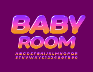 Vector bright emblem Baby Room. Gradient color Alphabet Letters and Numbers set. Glossy trendy Font