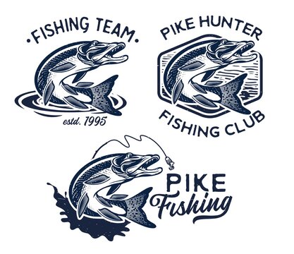 Vintage Pike Fish Logos. Vector Fishing Illustration.