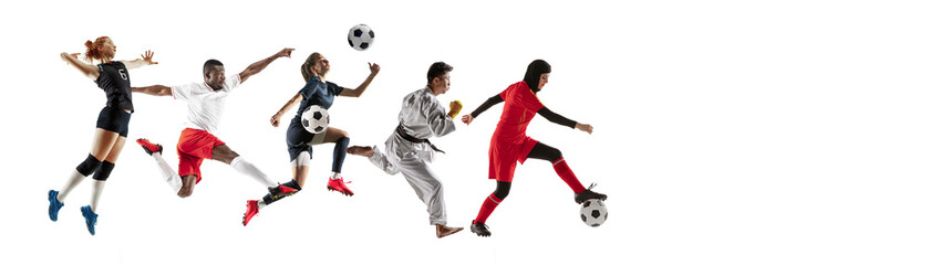 Fototapeta na wymiar Sport collage of professional athletes or players isolated on white background, flyer. Made of different photos of 5 models. Concept of motion, action, power, target and achievements, healthy, active