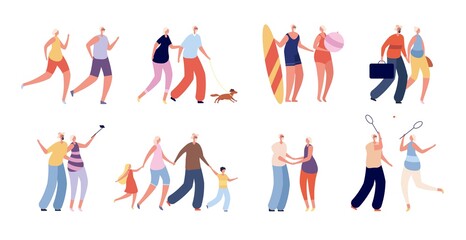 Happy old people. Fun elderly couple, seniors active lifestyle. Healthy grandparents travel, shopping. Adult man woman together vector set. Grandmother and grandfather surfboard illustration