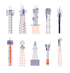 Fototapeta premium Wireless towers. Satellite communication, isolated radio aerial or cellular equipment. Antenna, telephone signal station vector illustration. Antenna radio, communication equipment aerial wireless