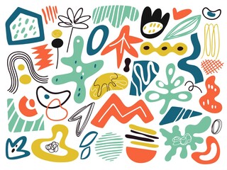 Doodle modern abstract shapes. Objects collage, contemporary art graphic. Creative artistic elements, geometric scribble vector illustration. Contemporary geometric collage, texture splash drawing