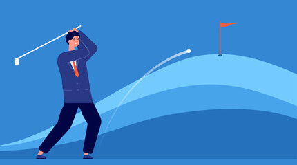 Successful business hitting. Target accuracy, businessman hits golf ball. Objective achievement metaphor, leadership strategy vector concept. Businessman pley golf, hobby activity manager illustration