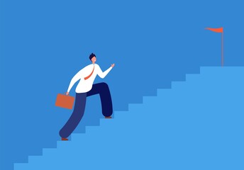 Career goal. Man running stairs, successful path in business. Run up staircase, manager going to target step by step vector illustration. Businessman development run up, progress career