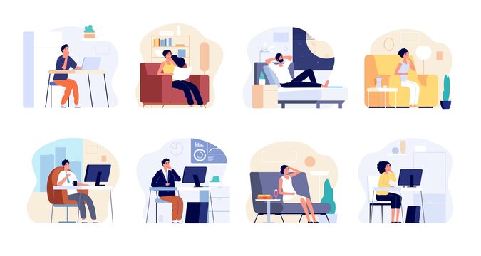 People dreaming. Dreamy man think, work or home relax. Young woman imagination, creative workers smiling and have ideas vector illustration. Dreaming character, man in office thoughtful