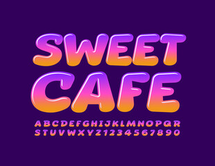 Vector bright logo Sweet Cafe. Cartoon style Font. Children glossy Alphabet Letters and Numbers set