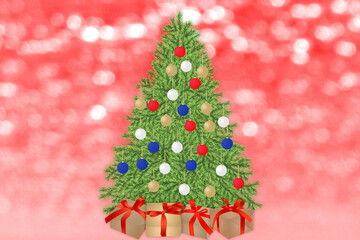 Christmas decorations tree on Red de-focused lights background, Happy New Year and Xmas