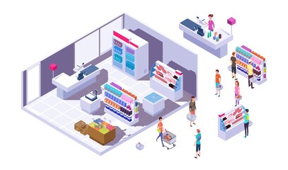 Isometric grocery store interior. Customers, stands with goods and cashier. Isolated buyers in supermarket vector illustration. Isometric cashier and supermarket store with people