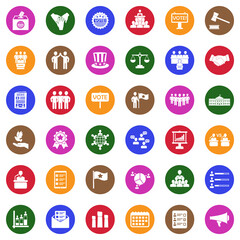 Democracy And Politics Icons. White Flat Design In Circle. Vector Illustration.