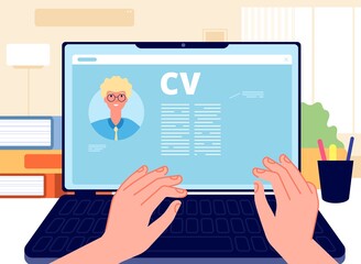 Online CV. Young man writing job application on laptop. HR concept, searching job in internet. Career start, hands working on computer vector illustration. Internet online, hr employee, write cv