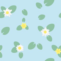 Water lily seamless pattern with abstract green leaves on blue background. Bright and warm color palette. Vector design.