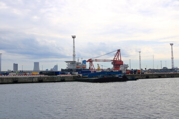 August 21 2020 - Rostock-Warnem&uuml;nde, Mecklenburg-Vorpommern/Germany: Details of the industry port and dockside cranes at the europort harbour in Rostock