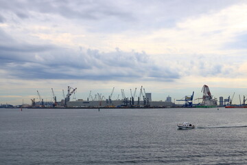 August 21 2020 - Rostock-Warnem&uuml;nde, Mecklenburg-Vorpommern/Germany: Details of the industry port and dockside cranes at the europort harbour in Rostock