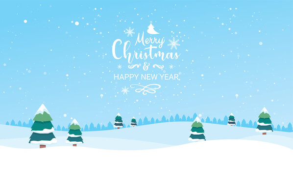 Winter landscape with fir trees and snow. Merry Christmas and Happy New Year background
