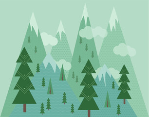 Obraz premium flat landscape wallpaper design, cartoon mountains and pines background vector, green hills