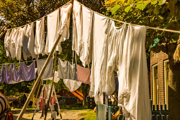 Old-fashioned laundry, drying on the clothesline in Enkhuizen, the Netherlands.