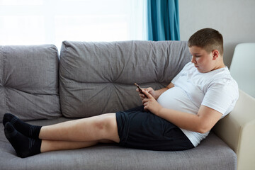 young fat boy chatting with friend, sit with mobile phone, teen boy in domestic wear sits on sofa...