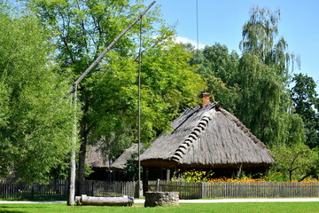 View of an old village house made entirely out of wood, planks, and logs with a thatch roof, a wooden fence surrounding the object 