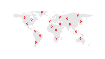 Location icons on different points of the world map. Location. Communication and transport communication concept. Vector illustration
