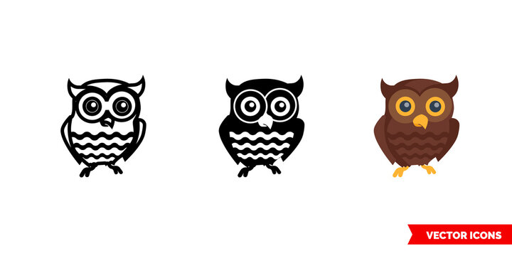 Owl icon of 3 types color, black and white, outline. Isolated vector sign symbol.