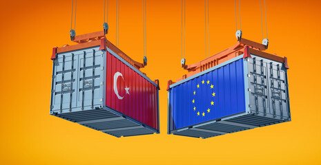Shipping containers with Turkey and European Union flags. 3D Rendering 