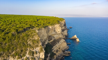 Aerial views of the cliffs in south spain next to La Breña natural park pine forest