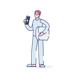 Man with insomnia after energy drink sleepless. Cartoon character awake drinking energetic beverage