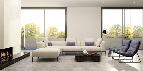 Large luxury modern minimal bright interiors room mockup illustration 3D rendering
