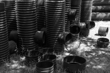 Black and white. Corrugated water pipes of large diameter prepared for laying