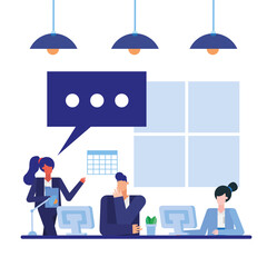 man and women with computers at desk in the office vector design