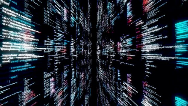 Black screen with programming language code running with glitch effect, seamless loop. Animation. System engineering, concept of modern games or apps creation.