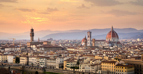 Panorama of Florence (Firenze) in Italy at sunset from Piazza Michelangelo including the cathedral of Santa Maria del Fiore (Duomo) and Palazzo Vecchio
