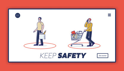 Keep safety while shopping landing page with people standing in line at distance