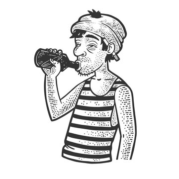 drunkard with a bottle sketch engraving vector illustration. T-shirt apparel print design. Scratch board imitation. Black and white hand drawn image.