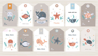 Set of tags with marine animals for girl and boy
