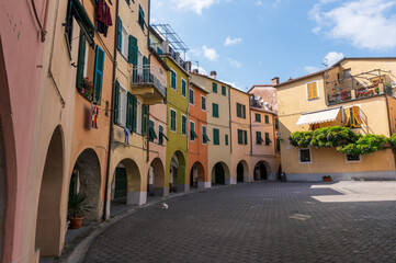 Varese Ligure, La Spezia, Liguria / Italy - July 21 2020: The round village in old town of Varese Ligure