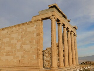 The Erectheion temple, in the ancient Acropolis, under the morning light, in Athens, Greece