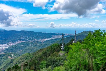 Panorama of the Polcevera valley below, part of the city of Genoa, and the Ligurian Riviera from the Shrine of Our Lady of the Watch (N.S. della Guardia), Genoa, Italy