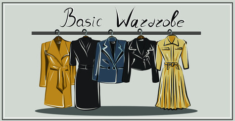 Capsule basic wardrobe for a woman. Minimalism. Fashion. Big cupboard. Wardrobe with a set of clothes on hangers and bags. Isolated vector objects.