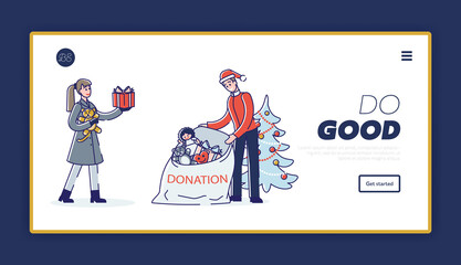 Christmas charity landing page with volunteers donating and giving toys for poor children